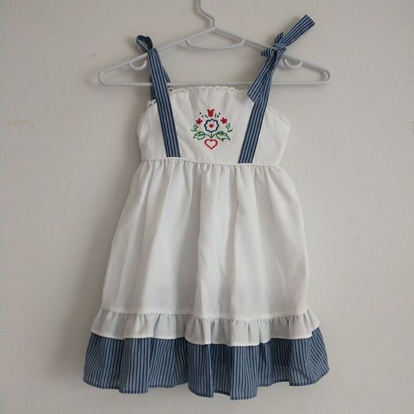 VTG Baylis Brothers Girl Dress 4 White Blue Tie Embroidery Peasant Cottagecore - Picture 1 of 12